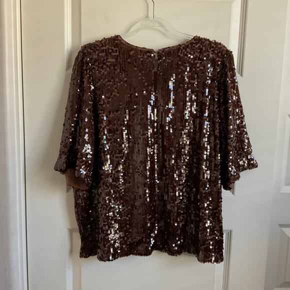 LOFT XL Brown Fully Sequined Shimmer Short Sleeve Dressy Holiday Blouse - NEW - Picture 8 of 8